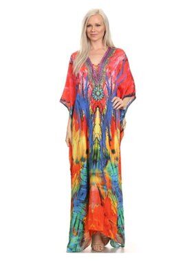 Sakkas Anahi Flowy Design V-Neck Long Caftan Dress Pink & Orange Women's Size OS